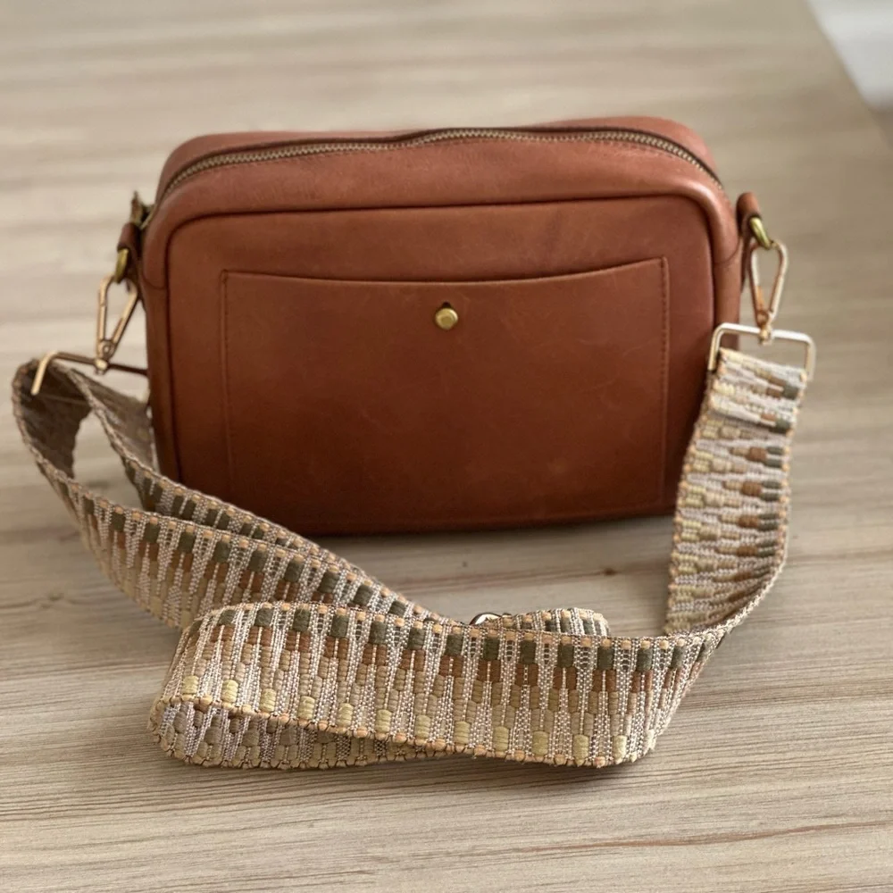 Madewell Brown Leather Crossbody Bag with Multicolor Woven Strap